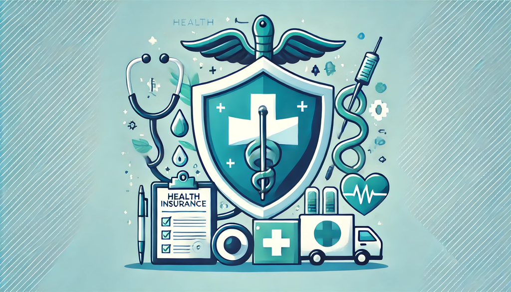 DALL·E 2024-08-29 13.36.10 - An illustration representing health insurance or health insurance companies, featuring symbols like a shield with a medical cross, stethoscope, health