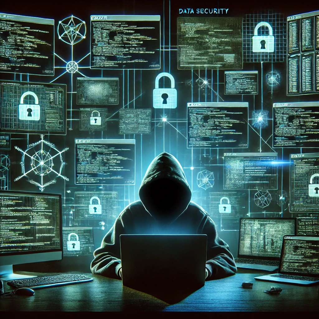 DALL·E 2024-11-14 12.42.45 - A digital illustration representing cyber security and hacking. The image features a mysterious figure, a hacker, wearing a hoodie, sitting in front o